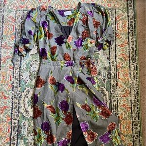 Sailor wrap dress with floral velvet appliqué puffy sleeve and slit medium